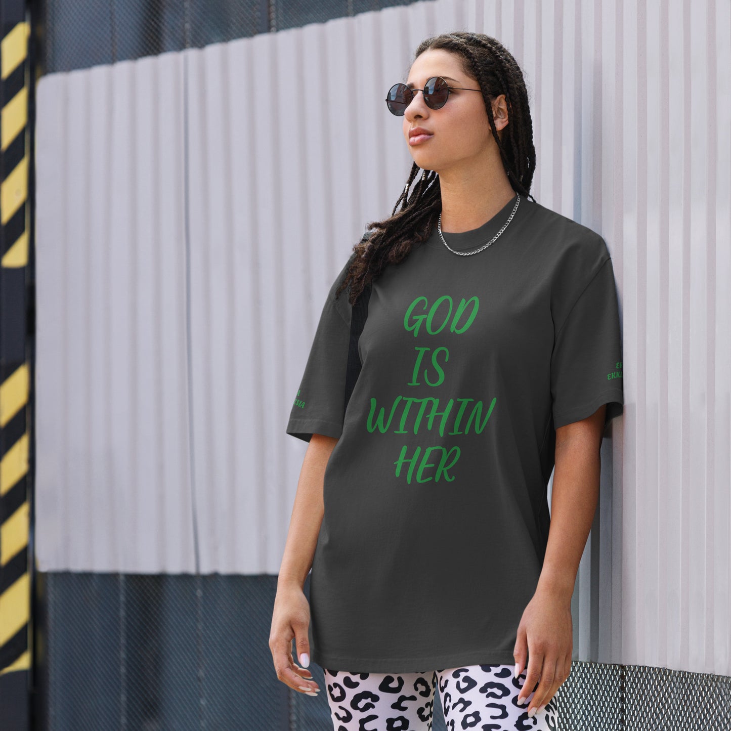 "GOD IS WITHIN HER" OVERSIZED FADED T SHIRT- GREEN LETTERING