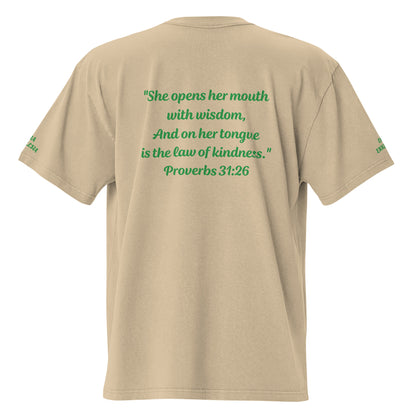 "GOD IS WITHIN HER" OVERSIZED FADED T SHIRT- GREEN LETTERING