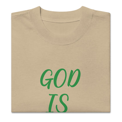 "GOD IS WITHIN HER" OVERSIZED FADED T SHIRT- GREEN LETTERING